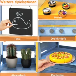 Matschküche mit Picknicktisch für Kinder Spielküche aus Tannenholz mit eingebauter Bank Blau