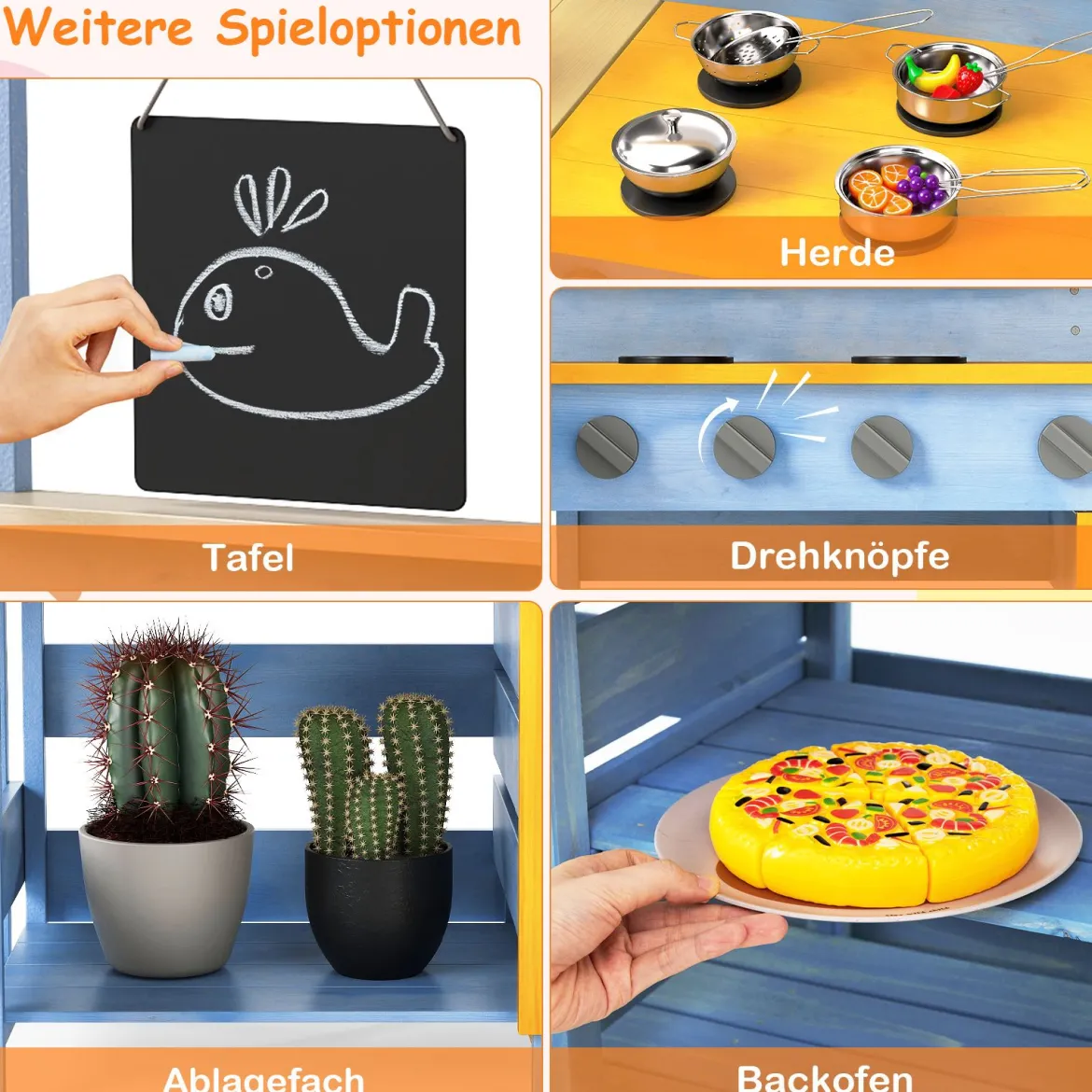 Matschküche mit Picknicktisch für Kinder Spielküche aus Tannenholz mit eingebauter Bank Blau