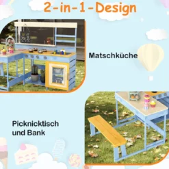 Matschküche mit Picknicktisch für Kinder Spielküche aus Tannenholz mit eingebauter Bank Blau