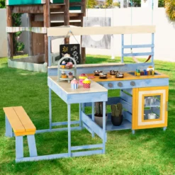 Matschküche mit Picknicktisch für Kinder Spielküche aus Tannenholz mit eingebauter Bank Blau