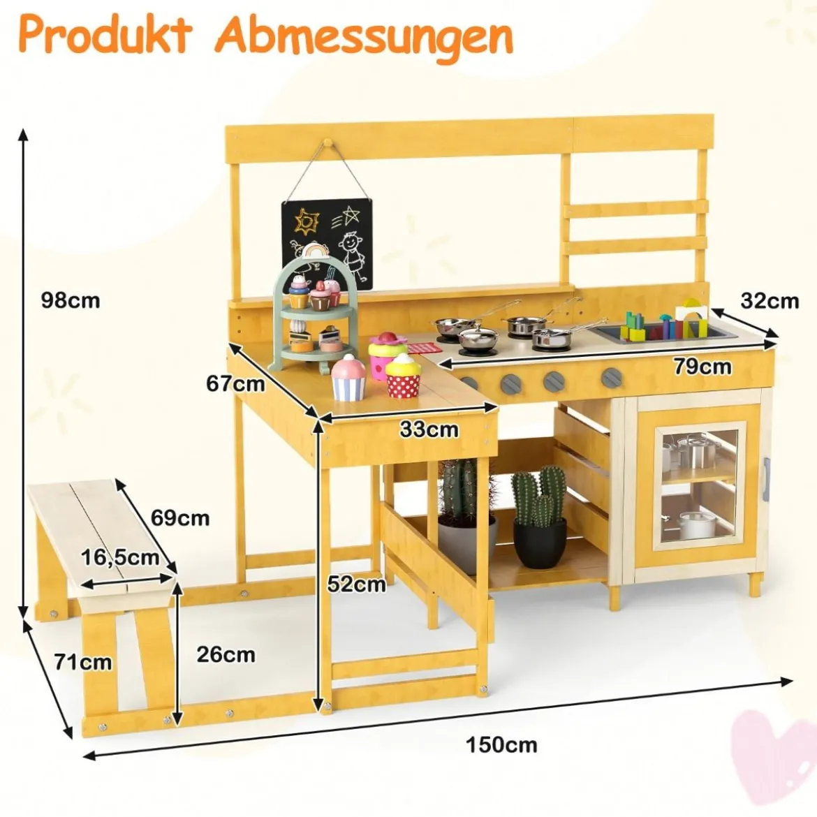 Matschküche mit Picknicktisch für Kinder Spielküche aus Tannenholz mit eingebauter Bank Natur