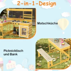 Matschküche mit Picknicktisch für Kinder Spielküche aus Tannenholz mit eingebauter Bank Natur