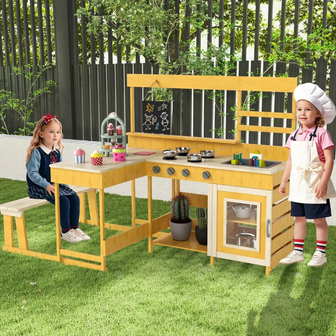 Matschküche mit Picknicktisch für Kinder Spielküche aus Tannenholz mit eingebauter Bank Natur