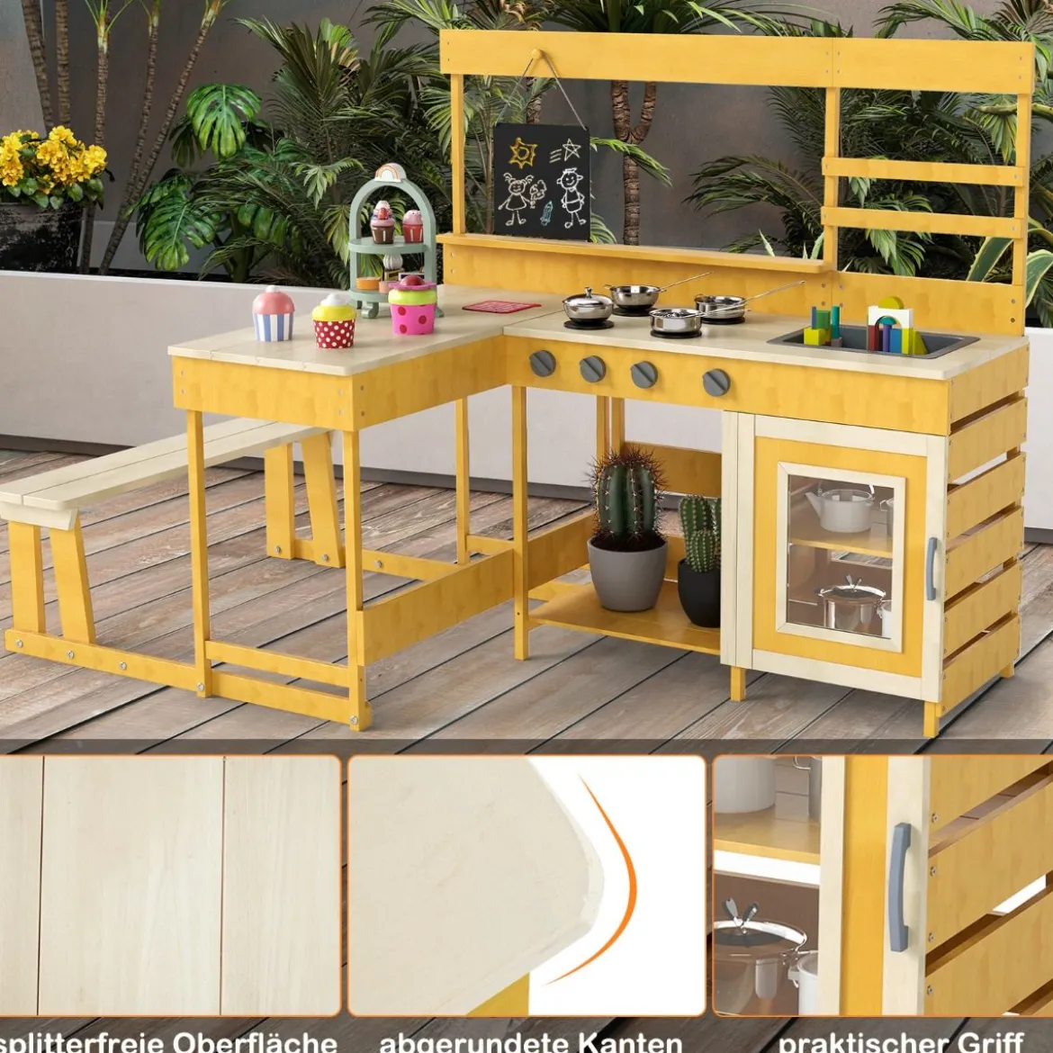 Matschküche mit Picknicktisch für Kinder Spielküche aus Tannenholz mit eingebauter Bank Natur