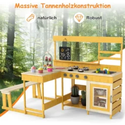 Matschküche mit Picknicktisch für Kinder Spielküche aus Tannenholz mit eingebauter Bank Natur