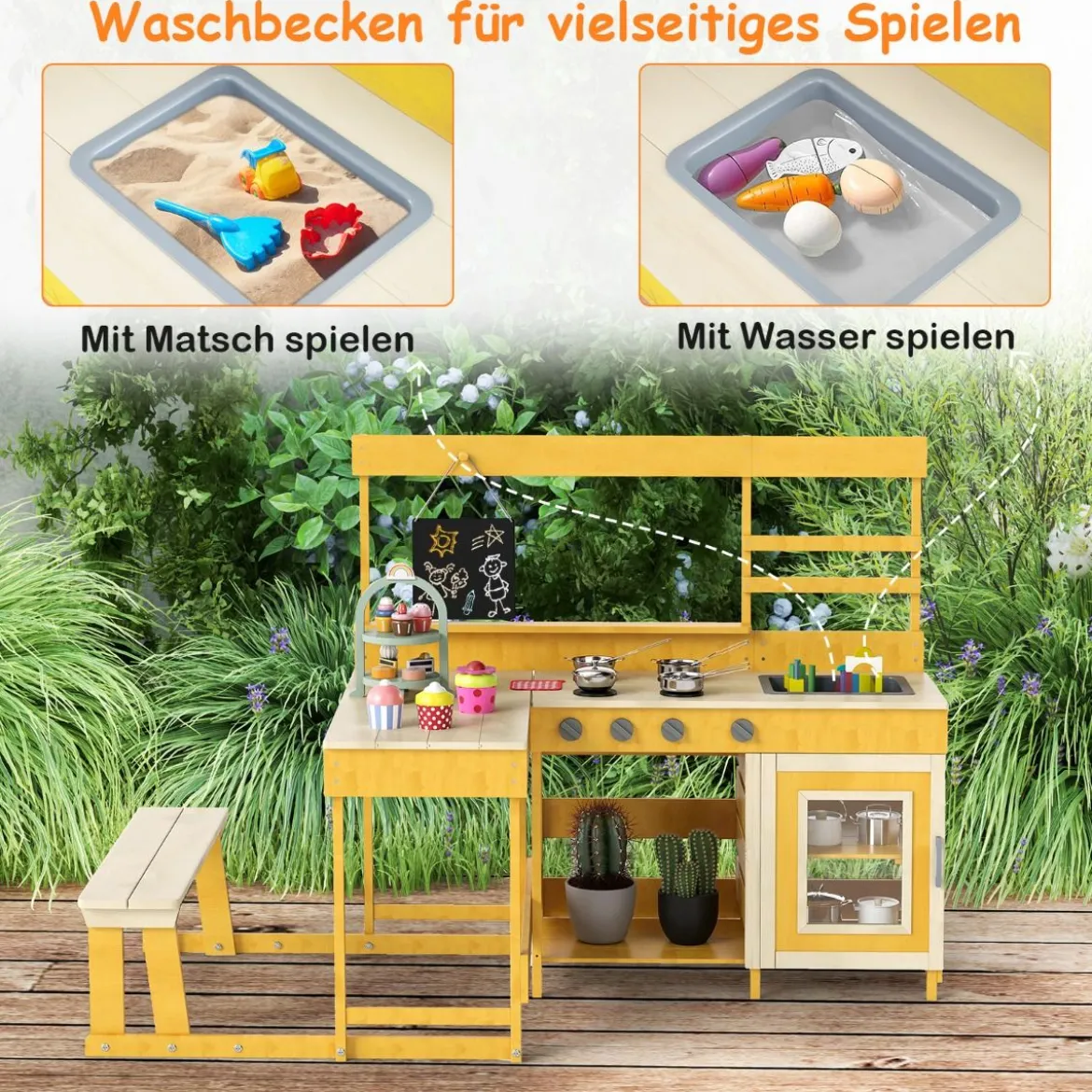 Matschküche mit Picknicktisch für Kinder Spielküche aus Tannenholz mit eingebauter Bank Natur