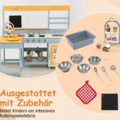 Matschküche mit Picknicktisch & Bank Kinderküche Tannenholz mit Dessertzubehör Küchengeschirr Grau