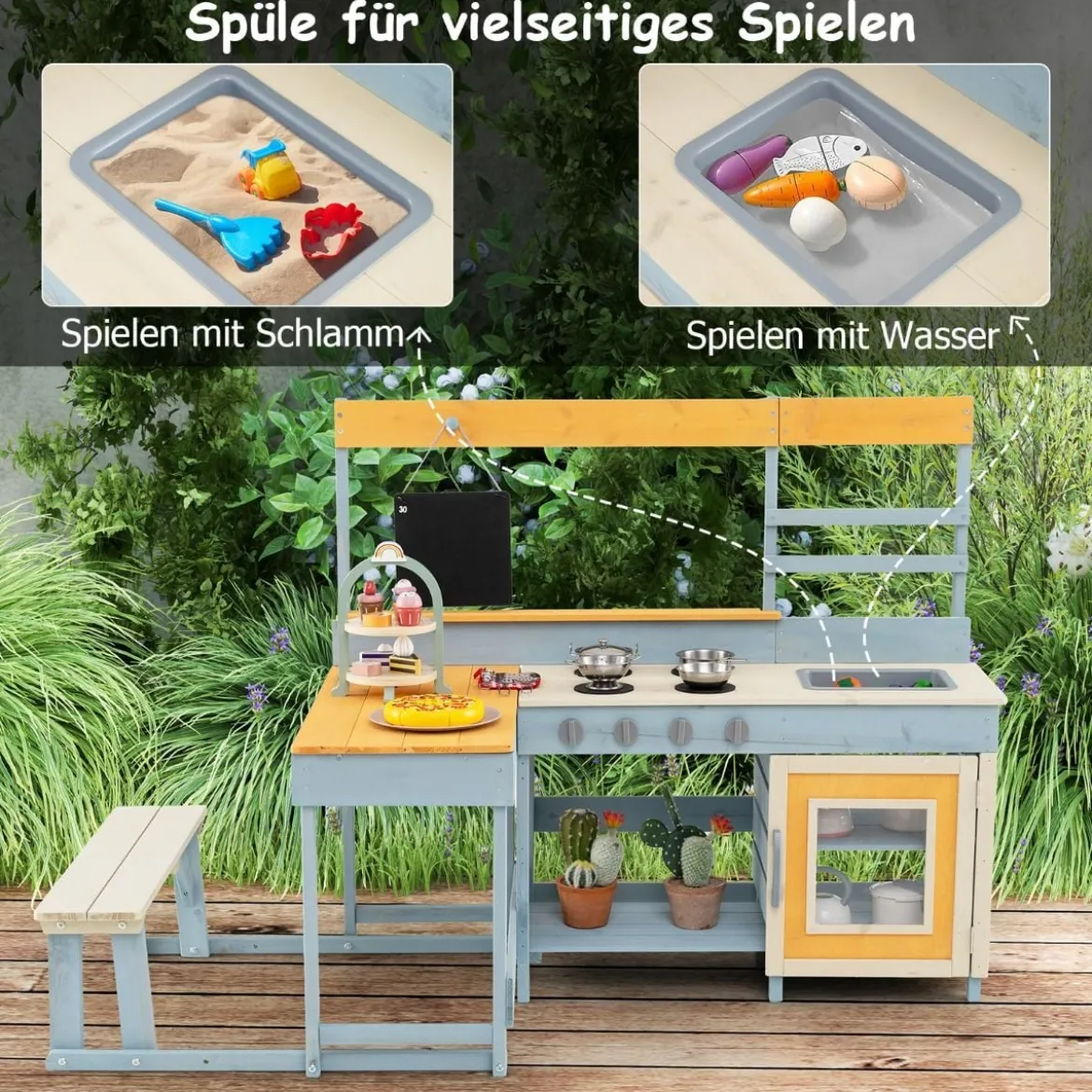Matschküche mit Picknicktisch & Bank Kinderküche Tannenholz mit Dessertzubehör Küchengeschirr Grau