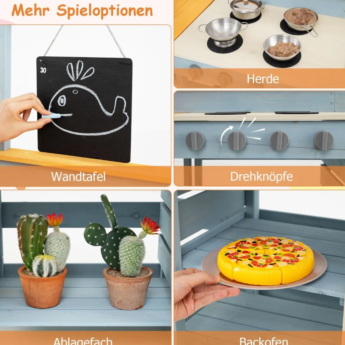 Matschküche mit Picknicktisch & Bank Kinderküche Tannenholz mit Dessertzubehör Küchengeschirr Grau