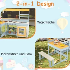 Matschküche mit Picknicktisch & Bank Kinderküche Tannenholz mit Dessertzubehör Küchengeschirr Grau