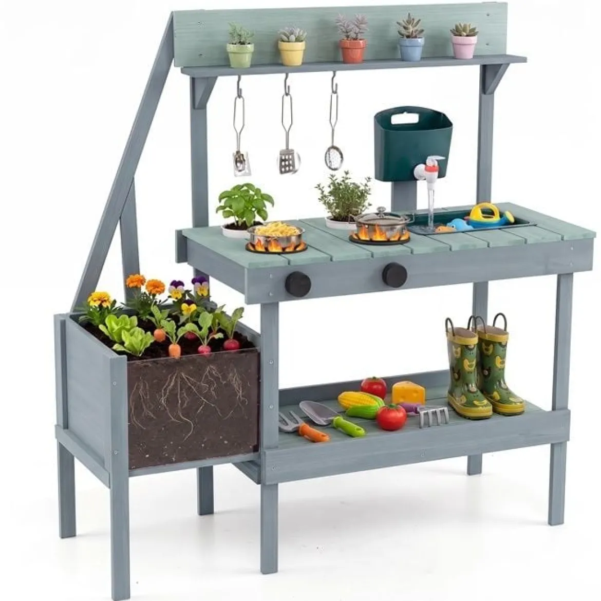 Matschküche Outdoor Kinderküche aus Holz mit Pflanzkasten Spüle & 2 Herden für Kinder ab 3 Jahren Grün