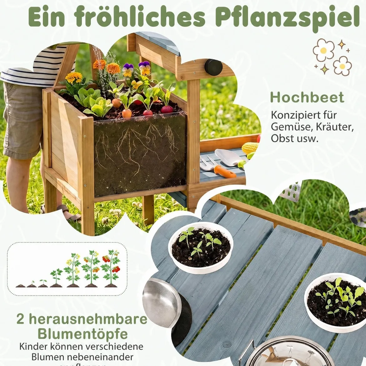Matschküche Outdoor Kinderküche aus Holz mit Pflanzkasten Spüle & 2 Herden für Kinder ab 3 Jahren Blau