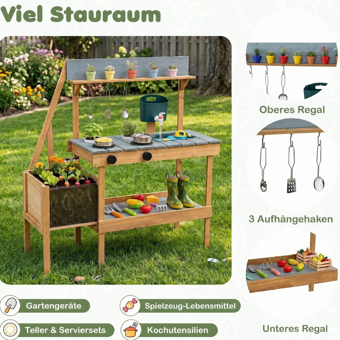 Matschküche Outdoor Kinderküche aus Holz mit Pflanzkasten Spüle & 2 Herden für Kinder ab 3 Jahren Blau