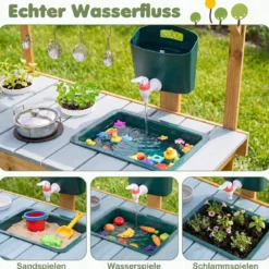 Matschküche Outdoor Kinderküche aus Holz mit Pflanzkasten Spüle & 2 Herden für Kinder ab 3 Jahren Blau