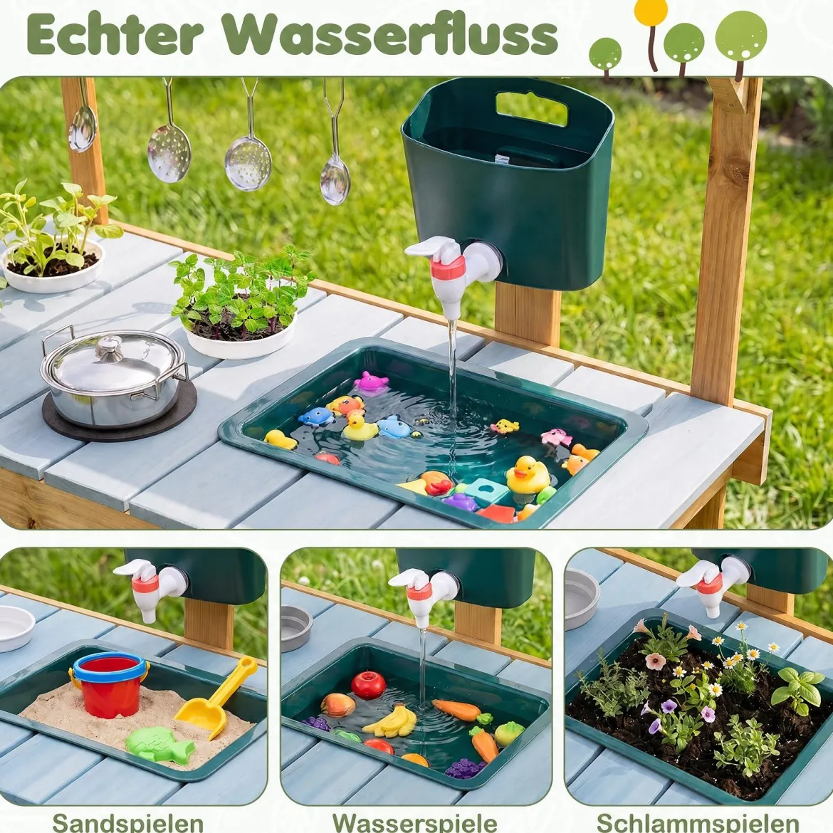 Matschküche Outdoor Kinderküche aus Holz mit Pflanzkasten Spüle & 2 Herden für Kinder ab 3 Jahren Blau
