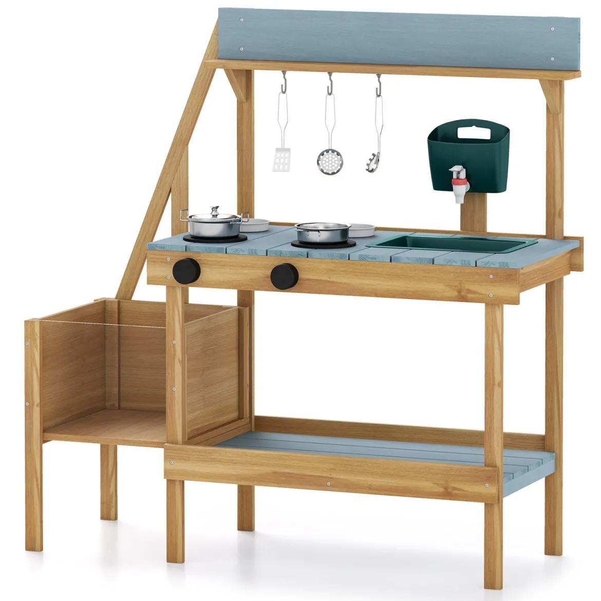 Matschküche Outdoor Kinderküche aus Holz mit Pflanzkasten Spüle & 2 Herden für Kinder ab 3 Jahren Blau