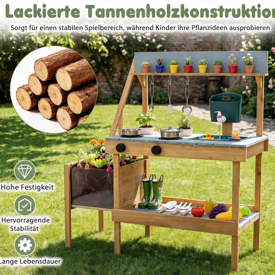 Matschküche Outdoor Kinderküche aus Holz mit Pflanzkasten Spüle & 2 Herden für Kinder ab 3 Jahren Blau