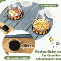 Matschküche Outdoor Kinderküche aus Holz mit Pflanzkasten Spüle & 2 Herden für Kinder ab 3 Jahren Blau