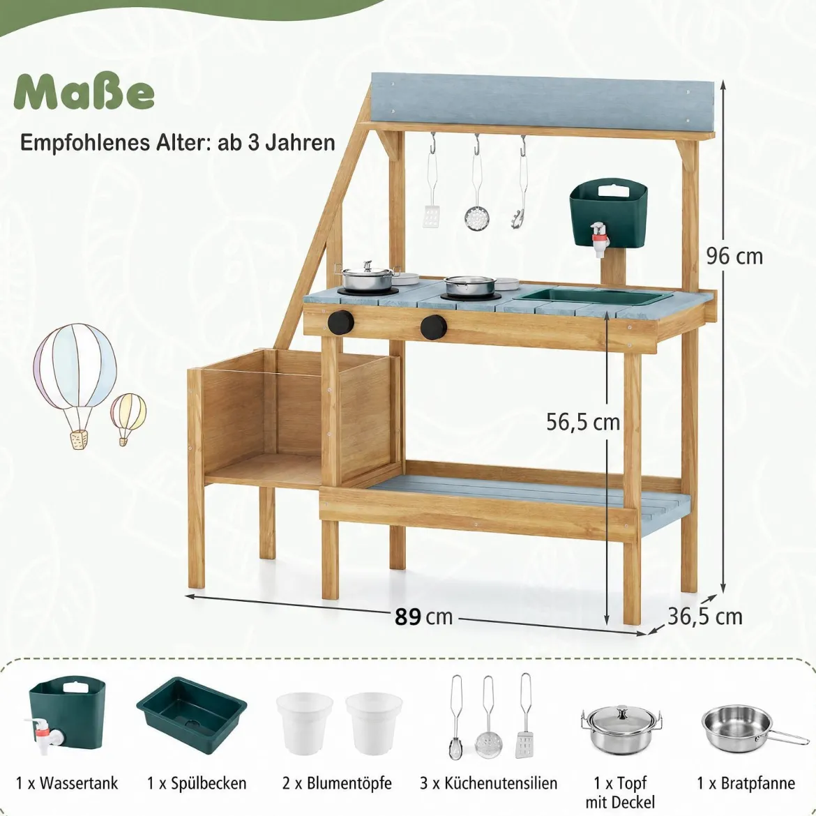 Matschküche Outdoor Kinderküche aus Holz mit Pflanzkasten Spüle & 2 Herden für Kinder ab 3 Jahren Blau