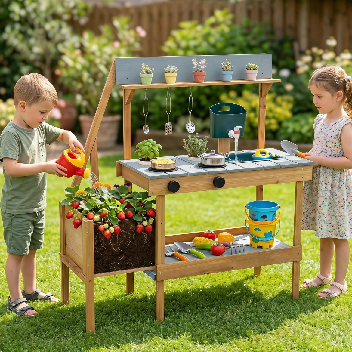 Matschküche Outdoor Kinderküche aus Holz mit Pflanzkasten Spüle & 2 Herden für Kinder ab 3 Jahren Blau