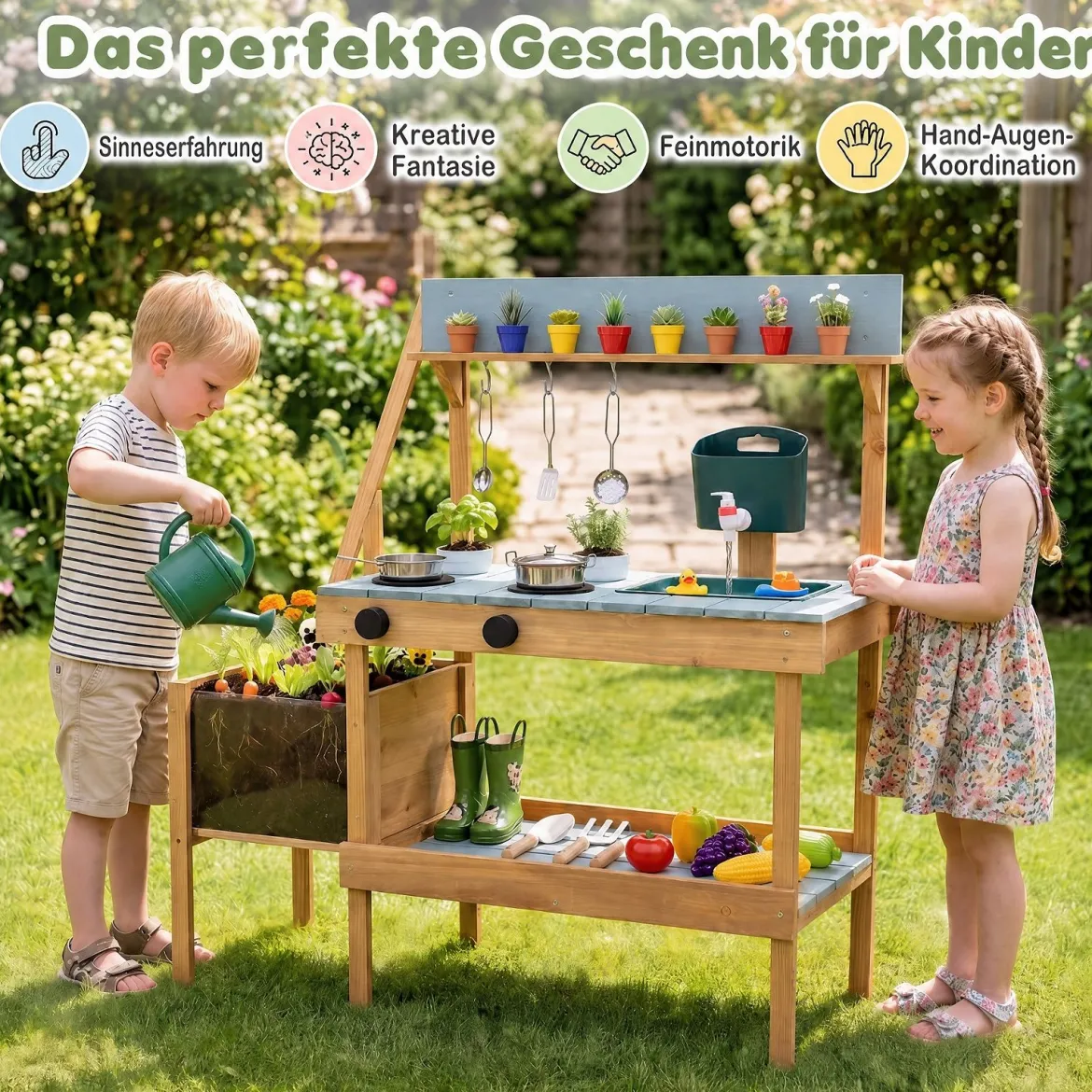 Matschküche Outdoor Kinderküche aus Holz mit Pflanzkasten Spüle & 2 Herden für Kinder ab 3 Jahren Blau