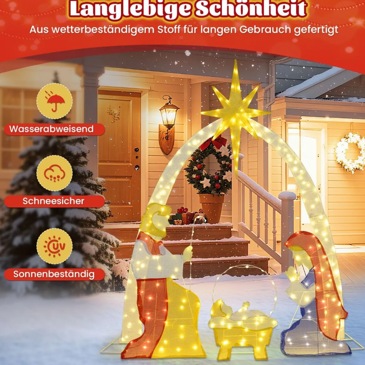 18 m beleuchtete Krippenszene vormontierte Heilige Familie Weihnachtsdekoration für Garten Hof Mehrfarbig