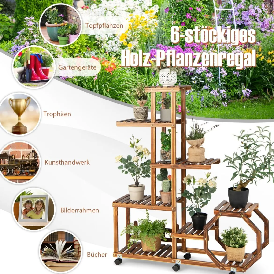 Mehrschichtiger Pflanzenständer aus Holz Bewegliches Blumenregal 107 x 29 x 74 cm Natur