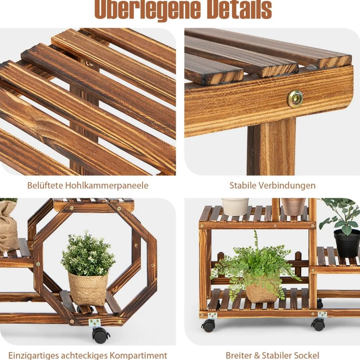 Mehrschichtiger Pflanzenständer aus Holz Bewegliches Blumenregal 107 x 29 x 74 cm Natur