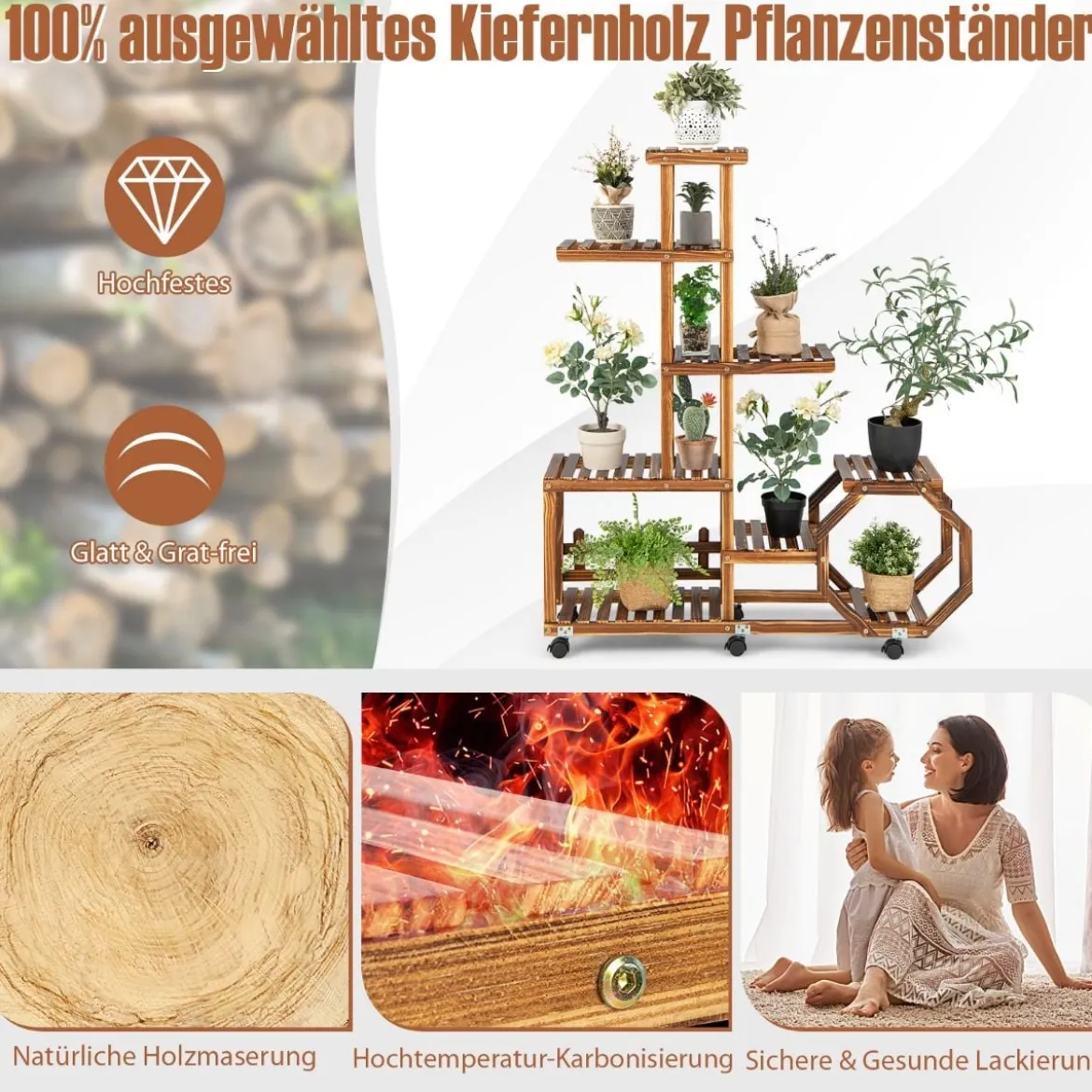 Mehrschichtiger Pflanzenständer aus Holz Bewegliches Blumenregal 107 x 29 x 74 cm Natur