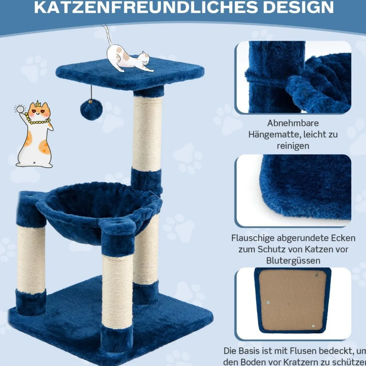 Mehrstöckiger Kratzbaum Weich Umwickelter Katzenbaum mit Gemütlicher Hängematte Blau