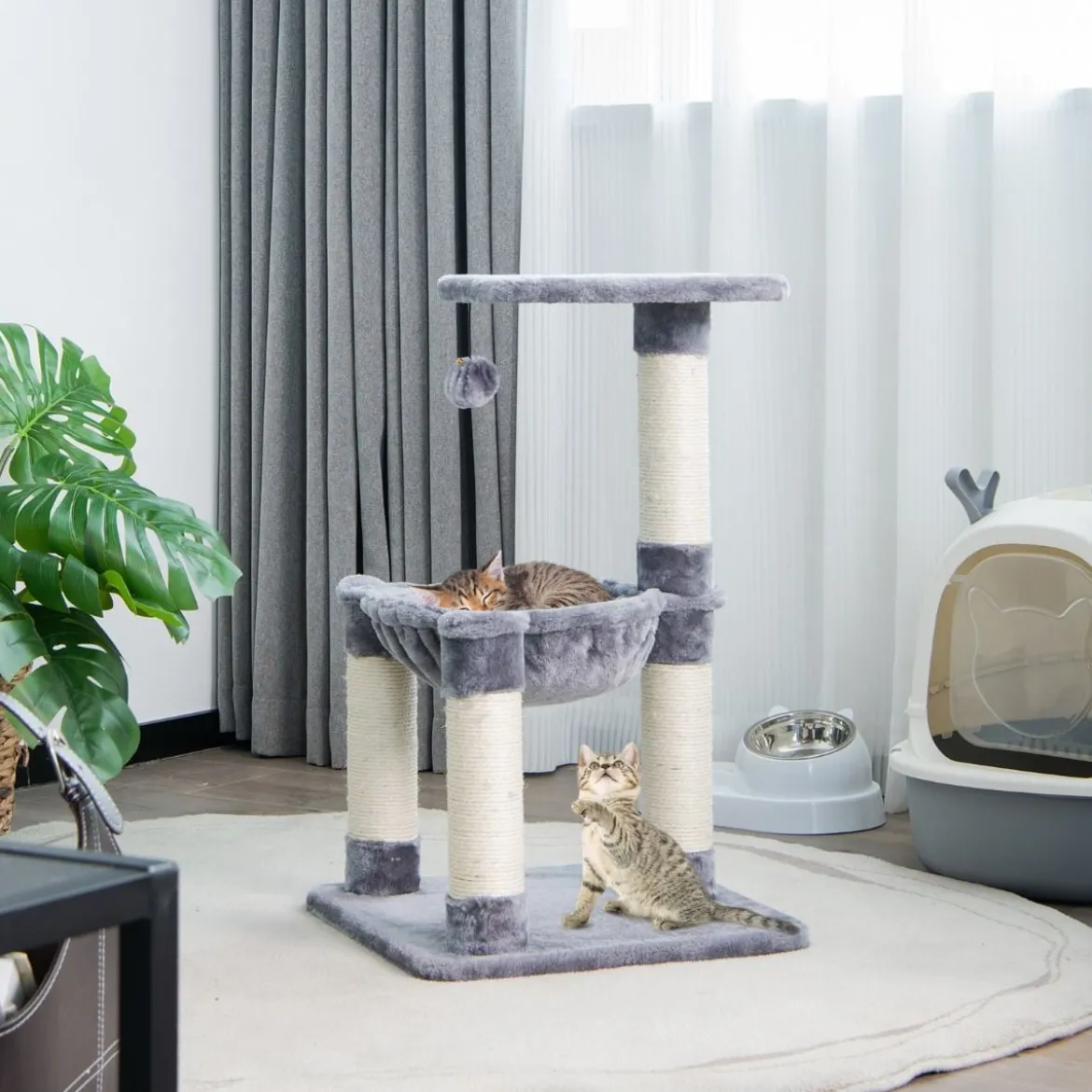 Mehrstöckiger Kratzbaum Weich Umwickelter Katzenbaum mit Gemütlicher Hängematte Grau