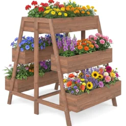Mehrstufiges Hochbeet Blumenbeet Holz mit Lattenboden-Design & 6 Pflanzkästen Natur 126 x 90 x 115 cm