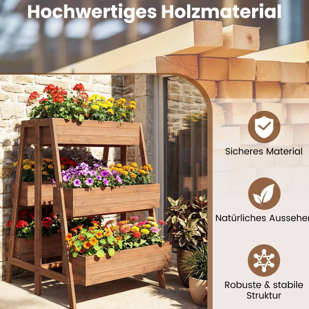 Mehrstufiges Hochbeet Blumenbeet Holz mit Lattenboden-Design & 6 Pflanzkästen Natur 126 x 90 x 115 cm