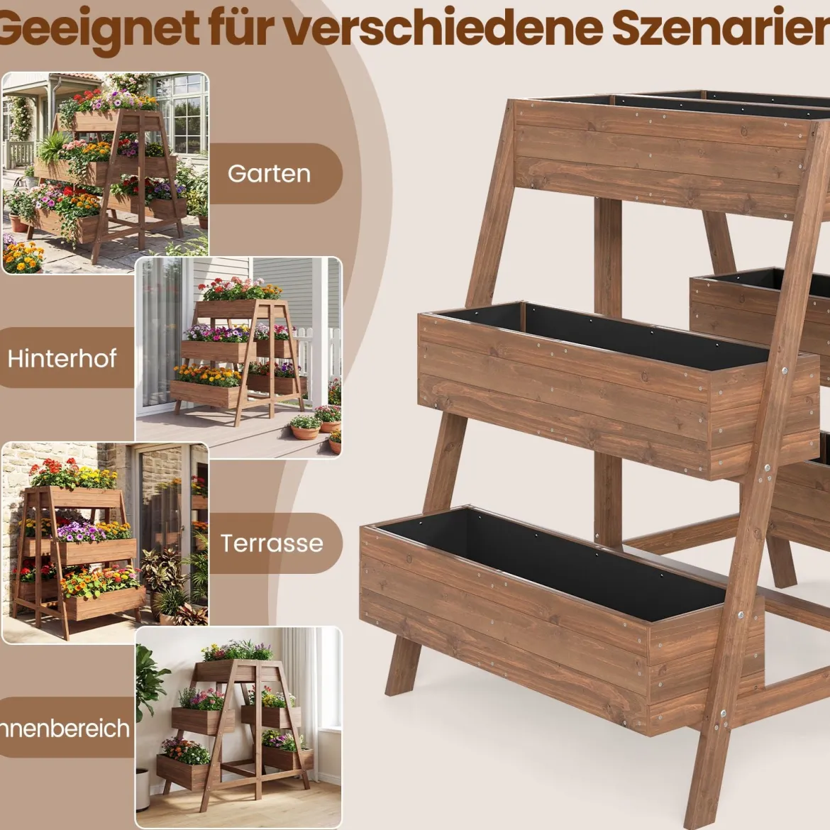 Mehrstufiges Hochbeet Blumenbeet Holz mit Lattenboden-Design & 6 Pflanzkästen Natur 126 x 90 x 115 cm
