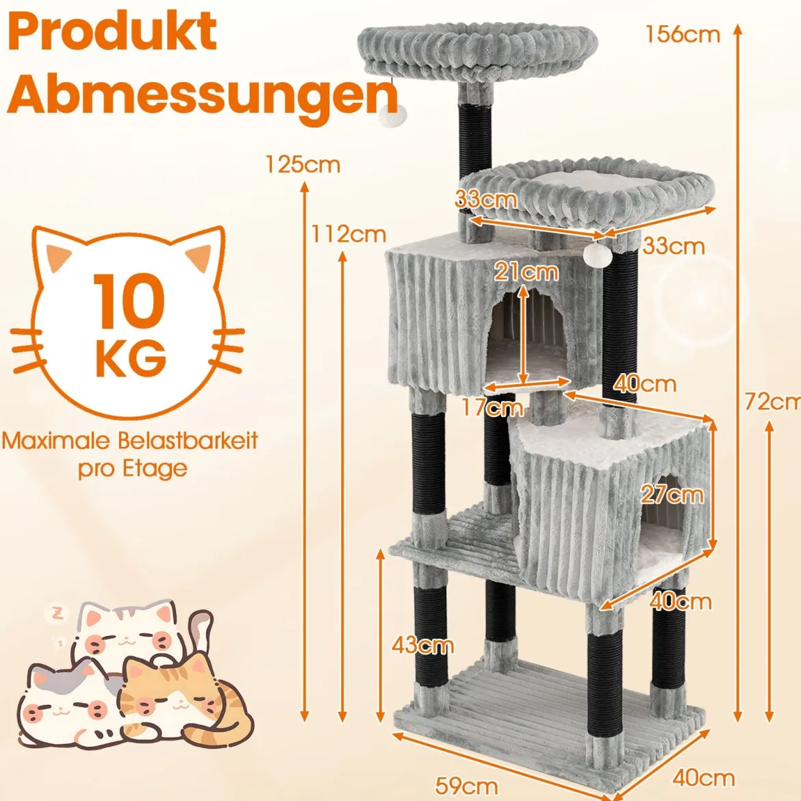 Mehrstufiges Katzenbaum 156 cm hoher Katzenturm mit 2 Höhlen 2 Liegebetten & Kratzpfosten Kratzbaum Hellgrau