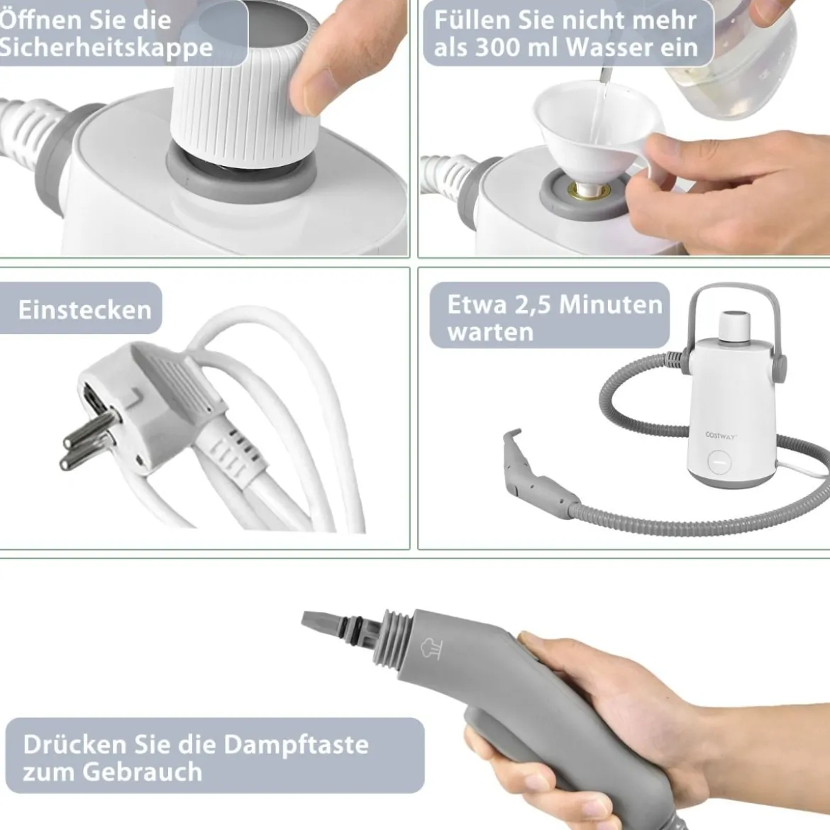 Mehrzweck-Dampfreiniger tragbare Handdampfreinigungsmaschine mit 1000 W-Leistung Grau