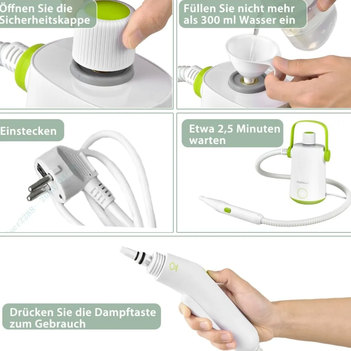 Mehrzweck-Dampfreiniger tragbare Handdampfreinigungsmaschine mit 1000 W-Leistung Grün
