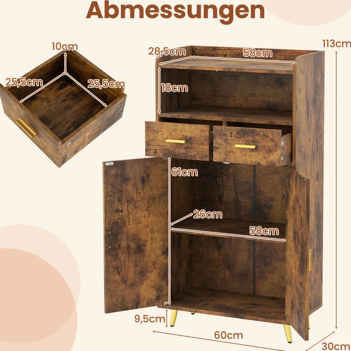 Mehrzweckschrank mit Doppeltür & 2 Schubladen & Einstellbarem Regal Küchenschrank Braun