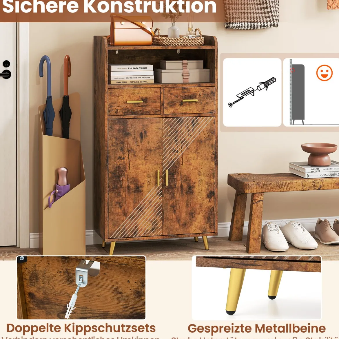 Mehrzweckschrank mit Doppeltür & 2 Schubladen & Einstellbarem Regal Küchenschrank Braun