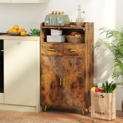 Mehrzweckschrank mit Doppeltür & 2 Schubladen & Einstellbarem Regal Küchenschrank Braun