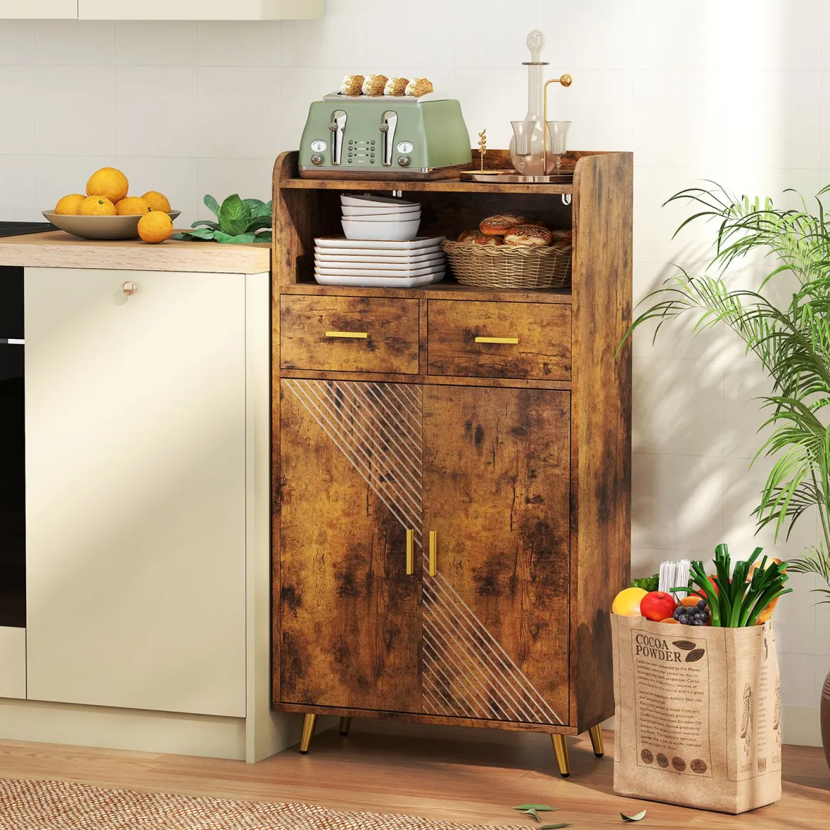 Mehrzweckschrank mit Doppeltür & 2 Schubladen & Einstellbarem Regal Küchenschrank Braun