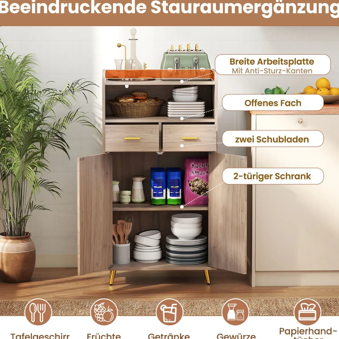 Mehrzweckschrank mit Doppeltür & 2 Schubladen & Einstellbarem Regal Küchenschrank Grau