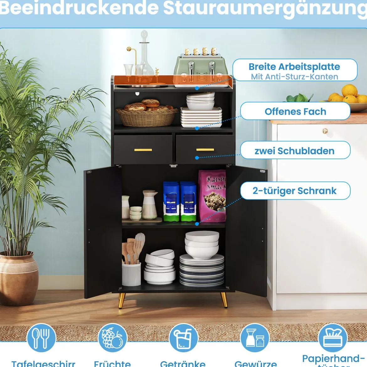 Mehrzweckschrank mit Doppeltür & 2 Schubladen & Einstellbarem Regal Küchenschrank Schwarz