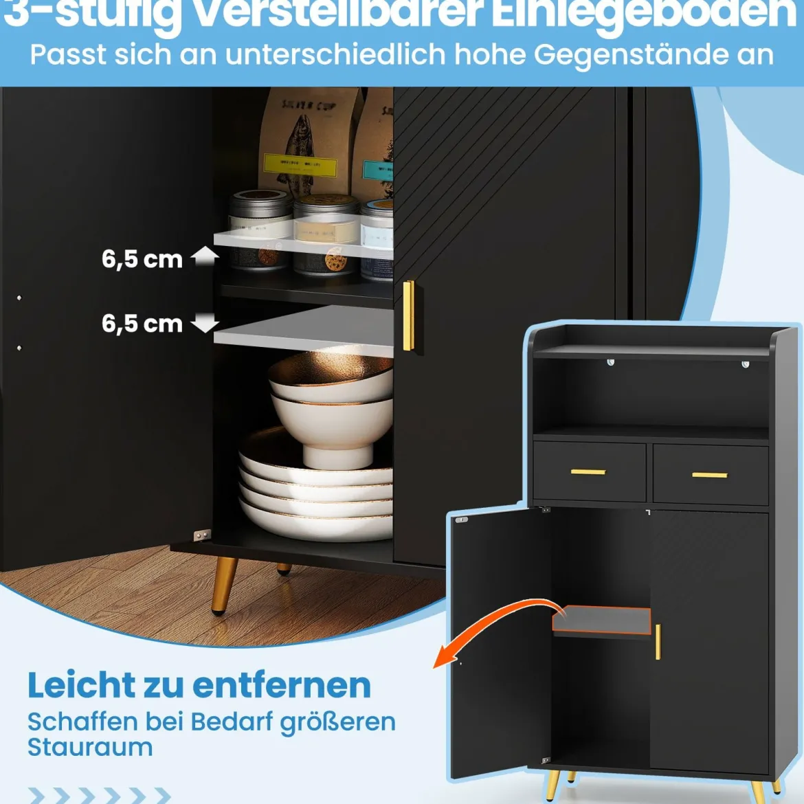 Mehrzweckschrank mit Doppeltür & 2 Schubladen & Einstellbarem Regal Küchenschrank Schwarz