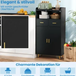 Mehrzweckschrank mit Doppeltür & 2 Schubladen & Einstellbarem Regal Küchenschrank Schwarz