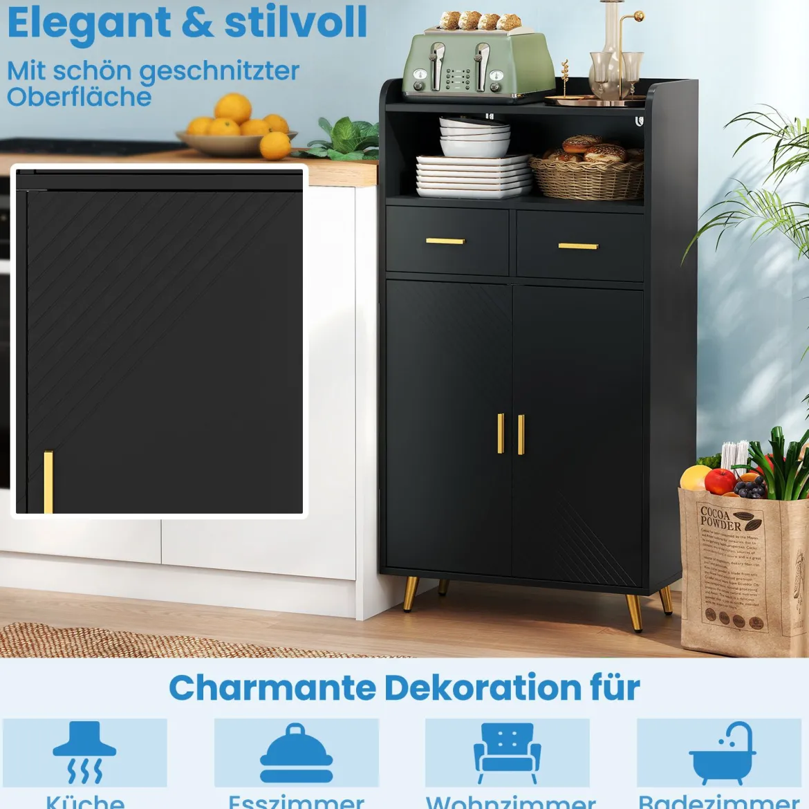 Mehrzweckschrank mit Doppeltür & 2 Schubladen & Einstellbarem Regal Küchenschrank Schwarz