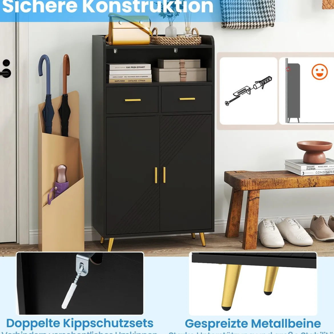 Mehrzweckschrank mit Doppeltür & 2 Schubladen & Einstellbarem Regal Küchenschrank Schwarz