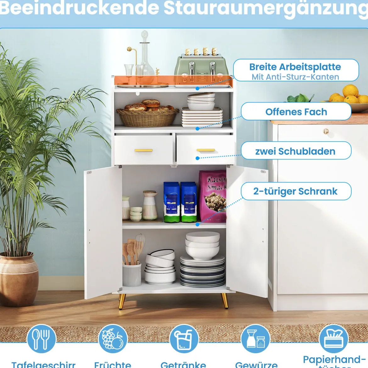 Mehrzweckschrank mit Doppeltür & 2 Schubladen & Einstellbarem Regal Küchenschrank Weiß