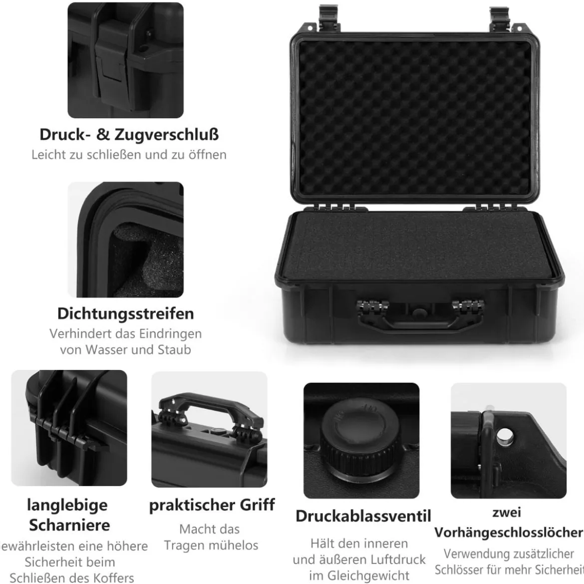 Mehrzweck Tragebox mit Schaumstoffeinlage wasserdichter Kamerakoffer abschließbar Schwarz