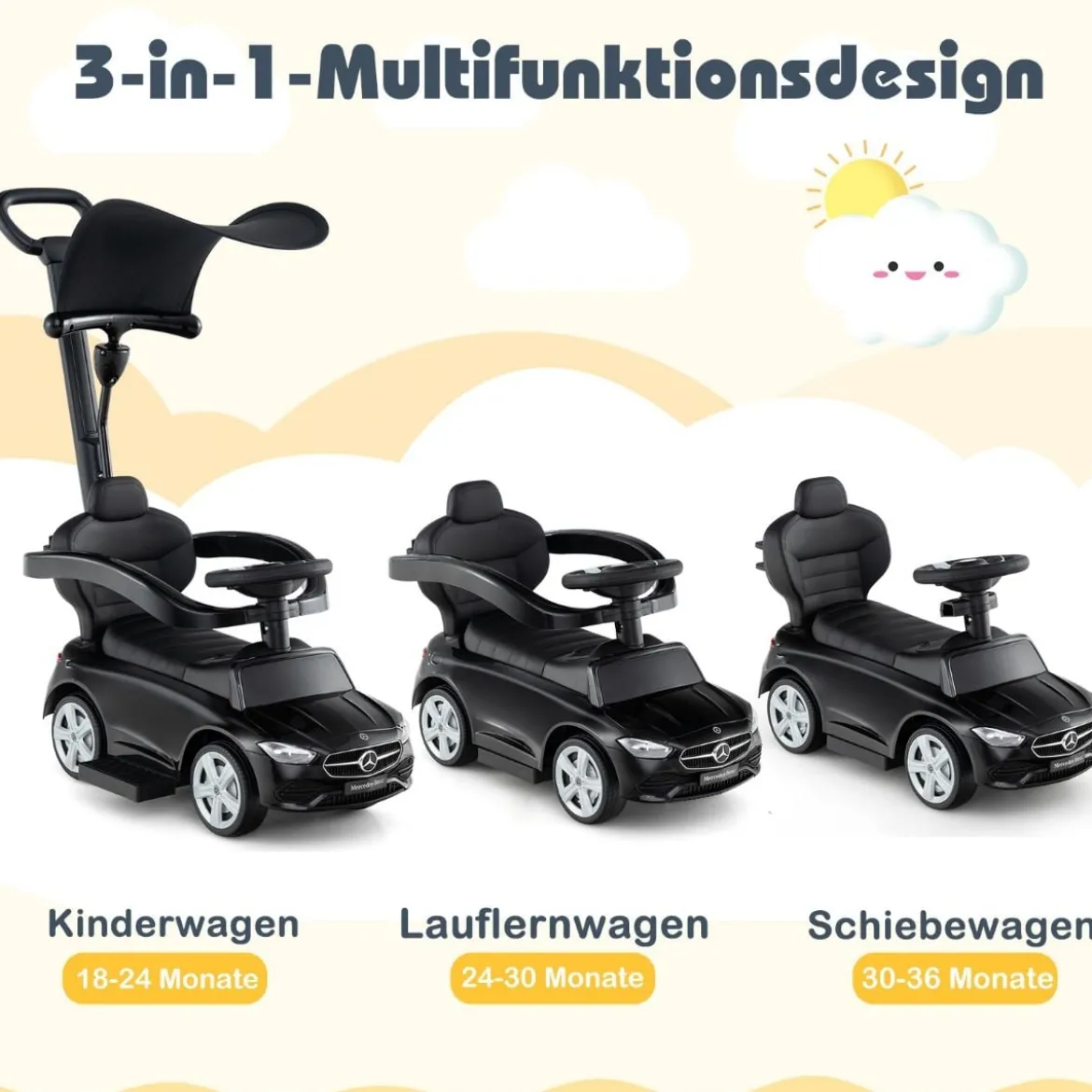 Mercedes-Benz Rutschauto 3-in-1 Rutschfahrzeug mit Schiebegriff Rutscher Auto für Kinder ab 1 Jahr Schwarz/Rosa/Weiß